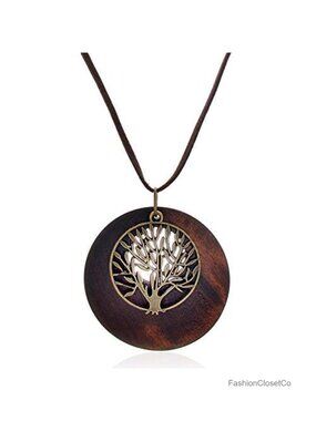 Tree of Life Wood Pendant Necklace Long Leather Chain Vintage